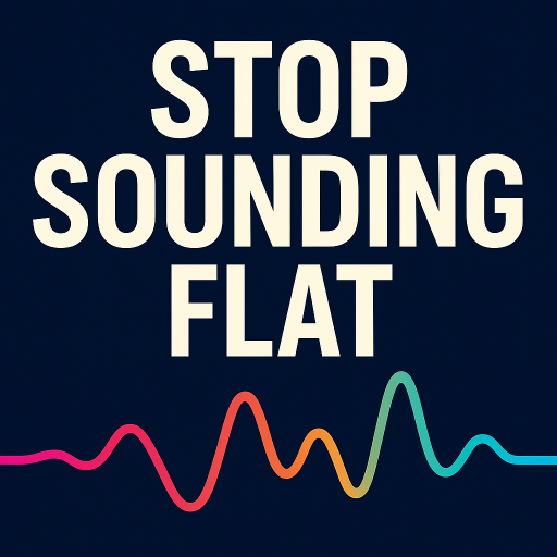 Digital graphic featuring a bold headline “Stop Sounding Flat” above a stylized audio waveform. Clean, modern design with strong typography on a simple background, representing natural, engaging speech and intonation.