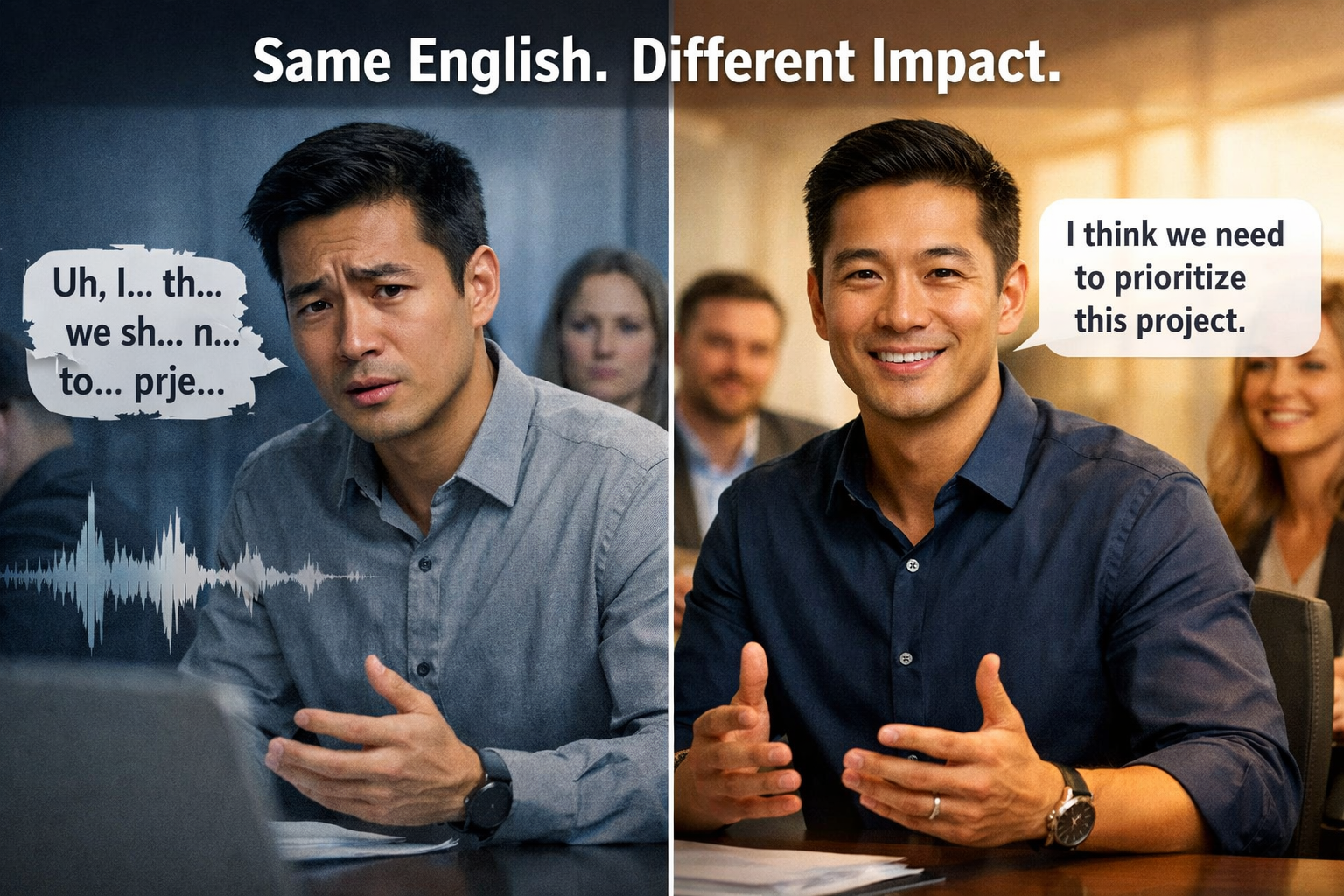 Non-native English speaker facing communication barriers in a diverse workplace due to accent and pronunciation differences.