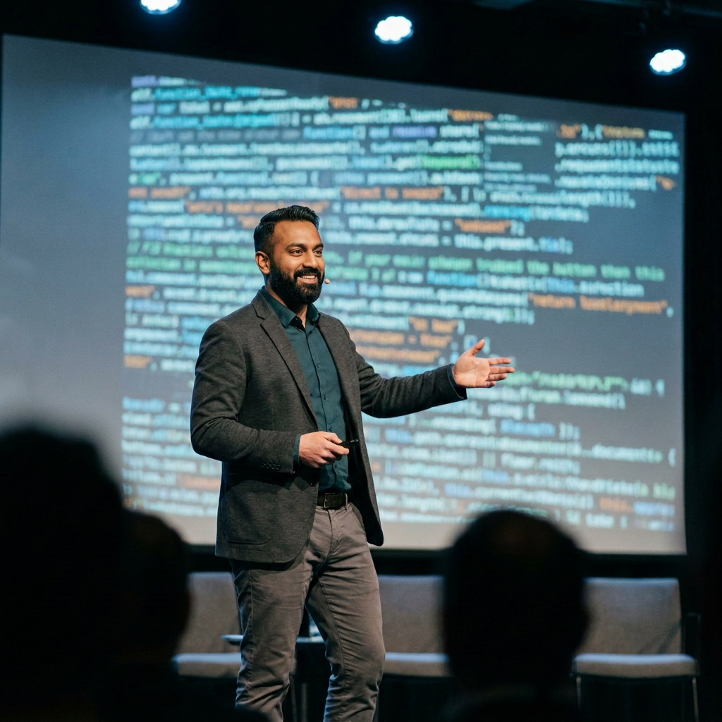 Man giving a presentation with programming code projected behind him